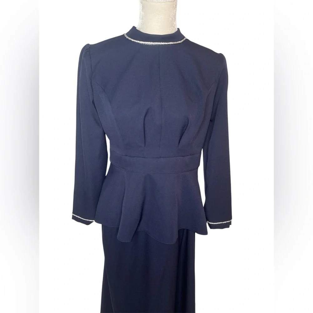 Elegant women navy blue two piece skirt set size 42EU new long - Picture 4 of 7